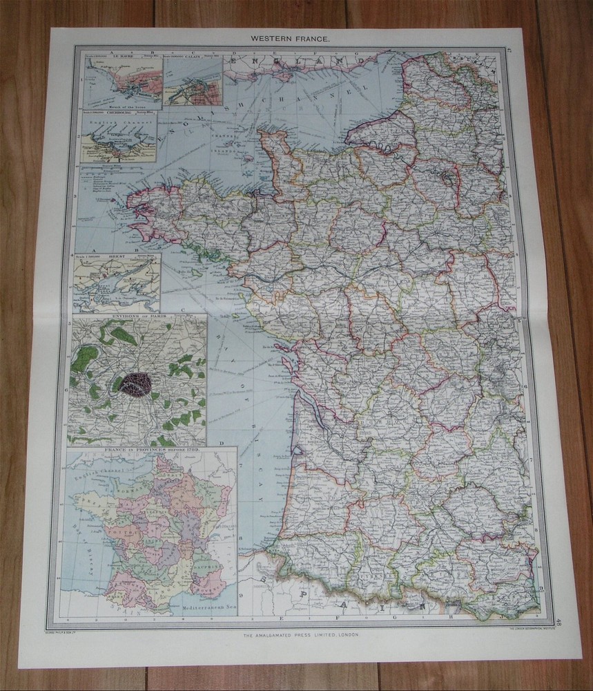 1908 Antique Map Of Western France Paris Brittany Bretagne Normandy Normandie