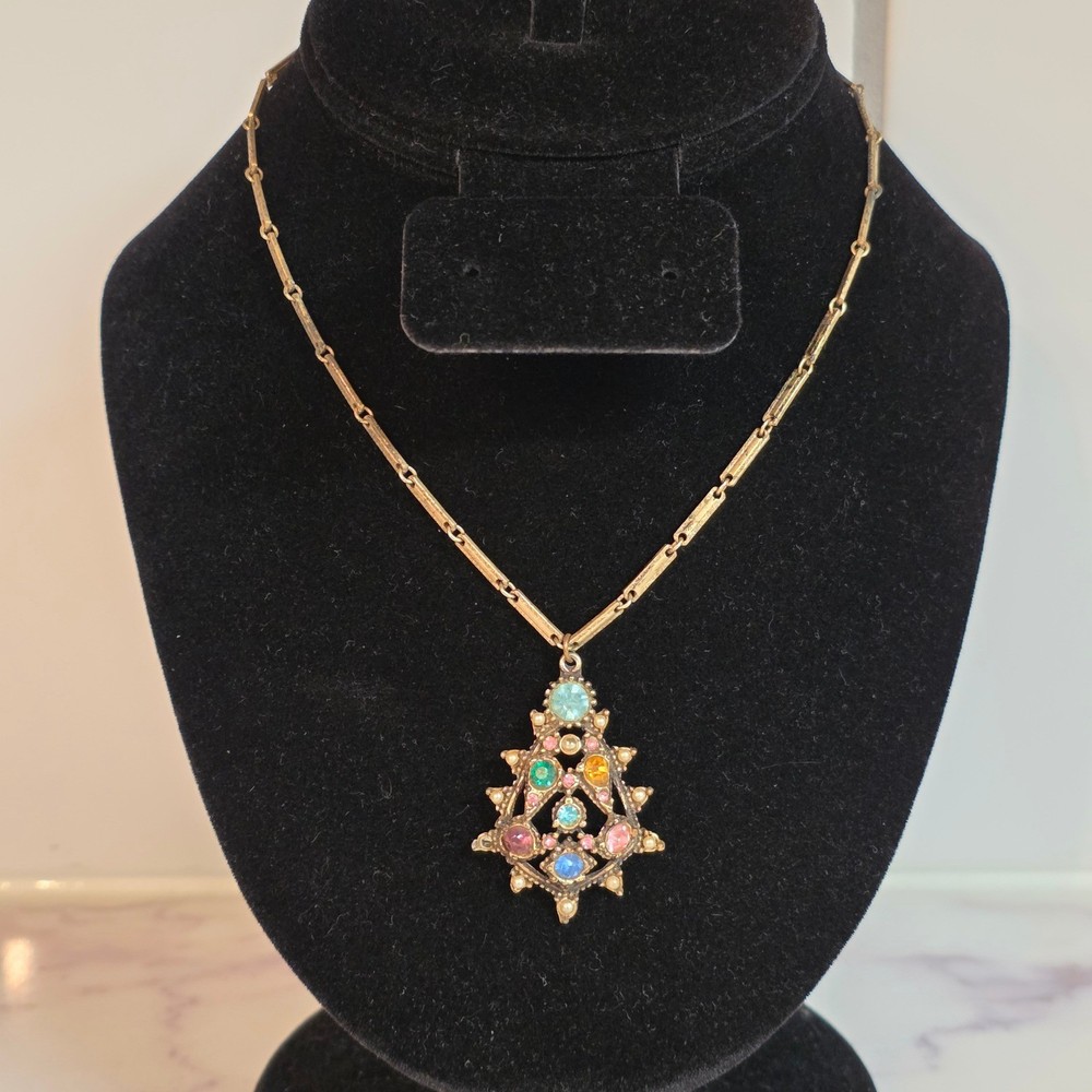 Vintage Gold Tone Multi Color Rhinestone Faux Pearl Geometric Pendant Necklace