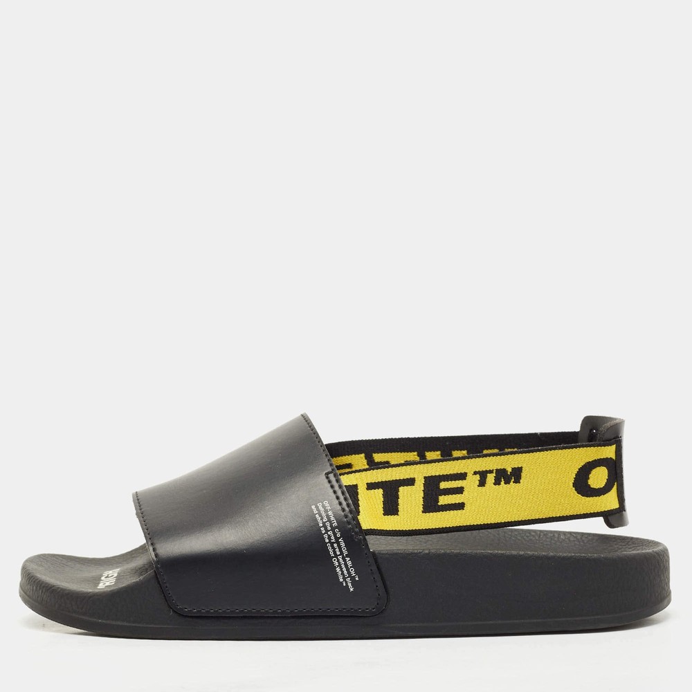 OffWhite Black Rubber and Leather Industrial Belt Slingback Slide Sandals Size