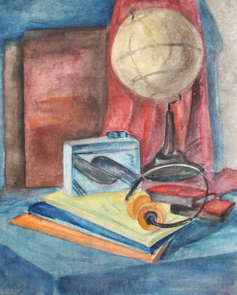 Impressionist watercolor painting still life with globe, walkman and books