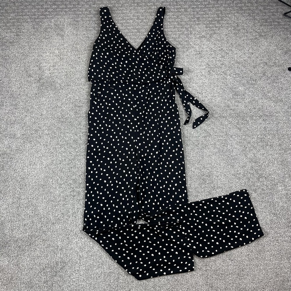 Lulus Jumpsuit Womens Small Black White Polka Dot Sleeveless Wrap Tie Waist Zip