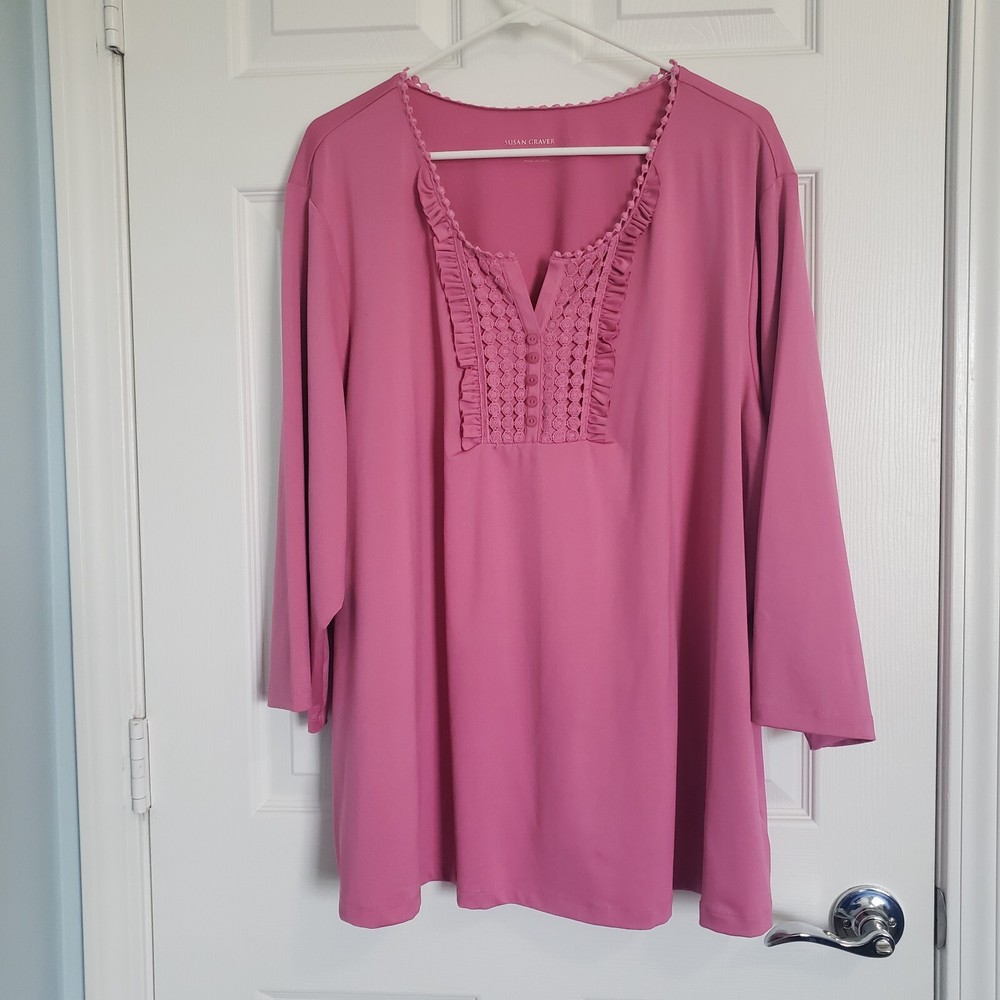 Susan Graver Pullover Top Size 3X Liquid Knit Ruffled Boho Cottagecore Barbie