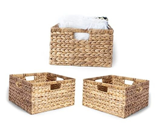 Natural Water Hyacinth Woven Storage Basket Set of 3 Large 14.5x13.5x8