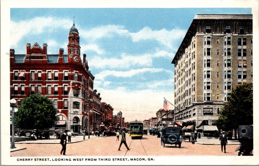 Cherry Street Macon Georgia Vintage Postcard Downtown Streetcars View