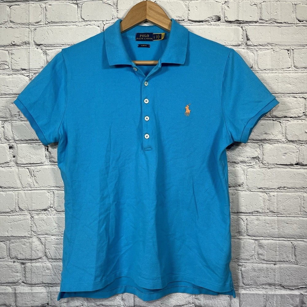 Polo Ralph Lauren Slim Fit Polo Shirt Womens Size Large Blue Cotton Button Up