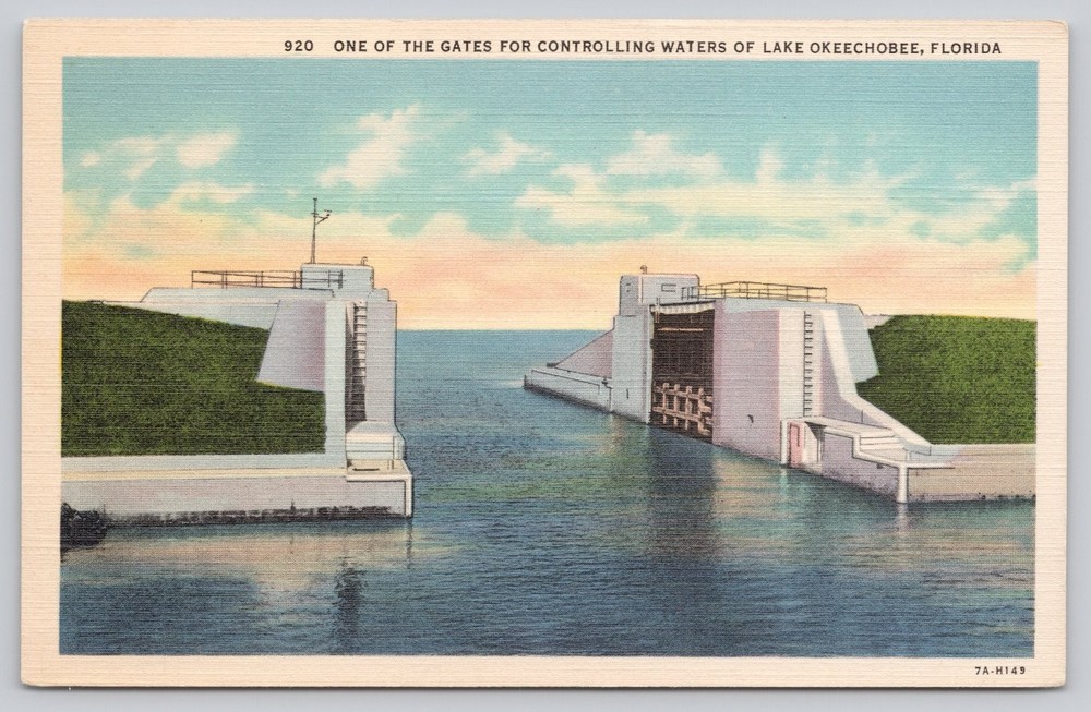 Lake Okeechobee Florida Water Control Gate Curt Teich Linen Postcard 1947