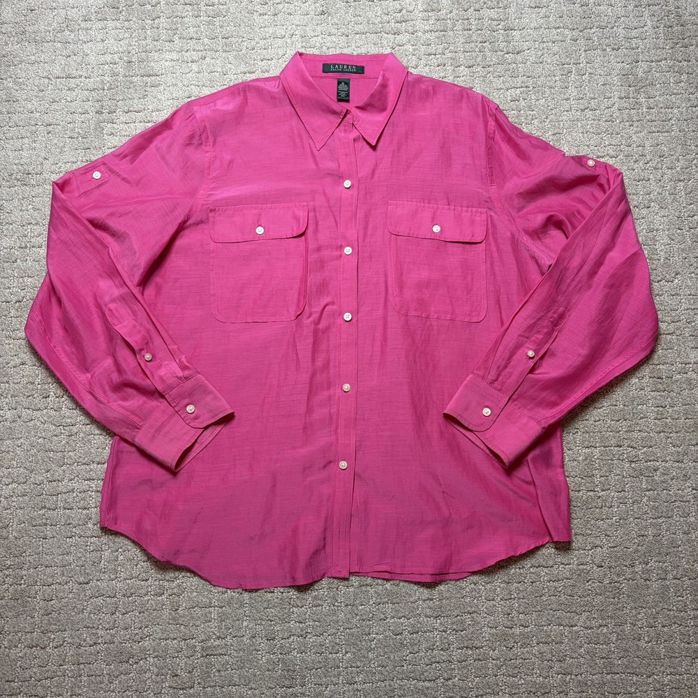 Lauren Ralph Lauren Women's XL Cotton Silk Blend Button Down Blouse Top Pink