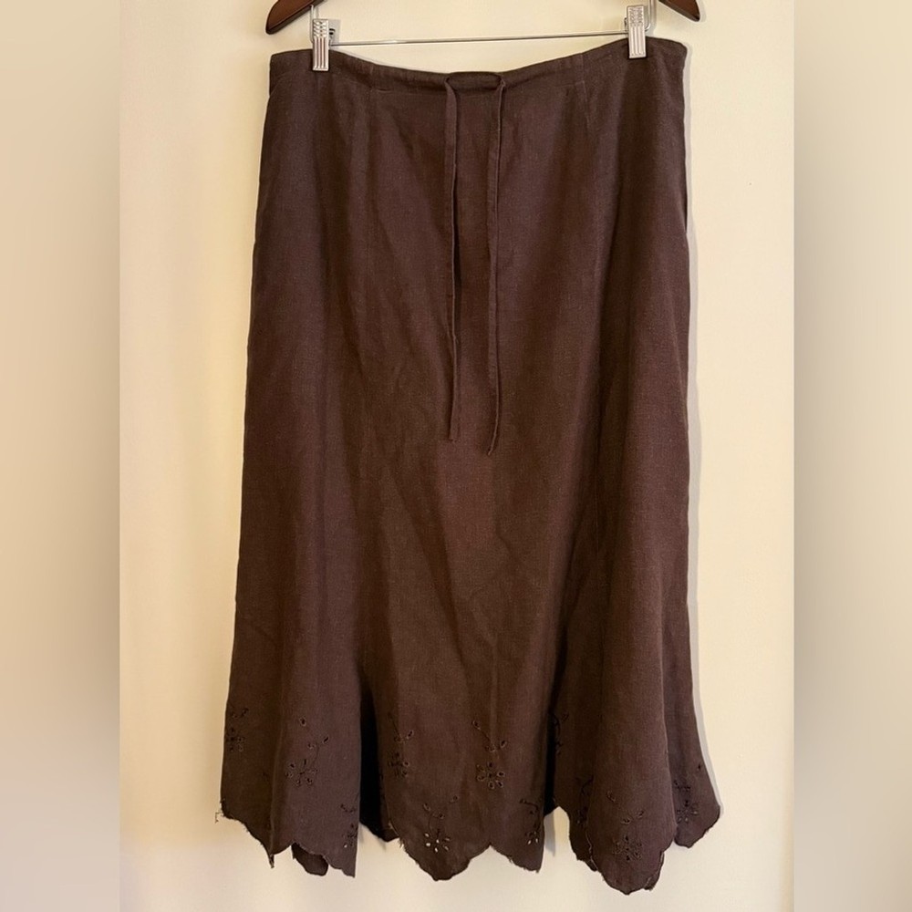 Edward Chocolate Brown Linen Maxi Skirt Scalloped Eyelet Hem Bohemian Indie