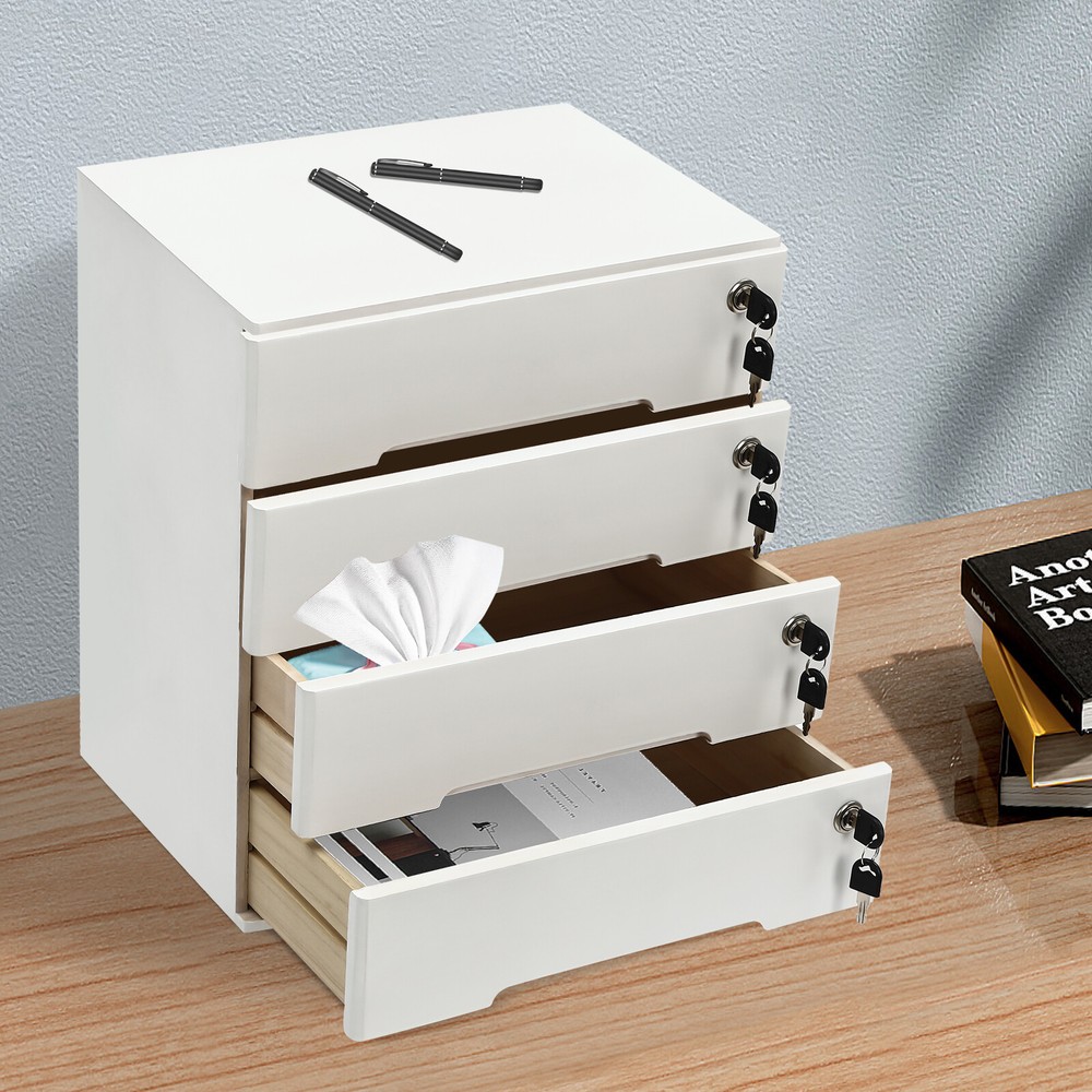 4-layer white wooden desktop storage box file cabinet with lockable drawers