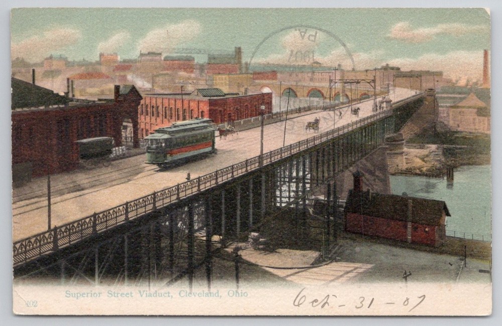 Cleveland OH Superior Street Viaduct Trolley Early Color Postcard 1907