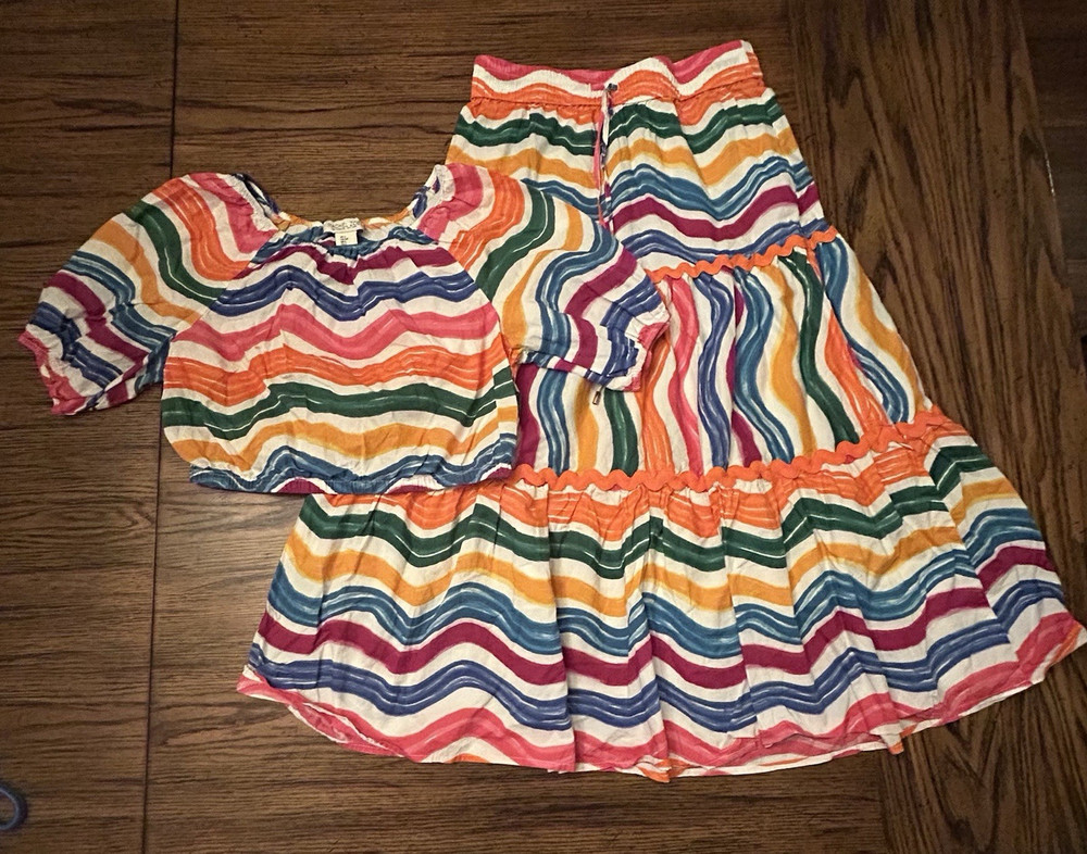 Rachel Zoe 2-Piece Striped Top & Skirt Set Ruffle Drawstring Size S