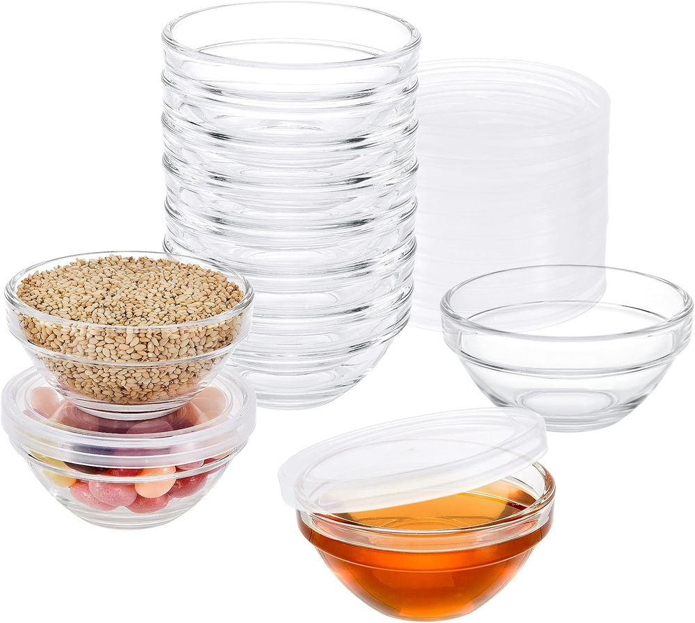 3-Inch Clear Glass Prep Bowls with Lids 2.5Oz Stackable Dipping Dishes