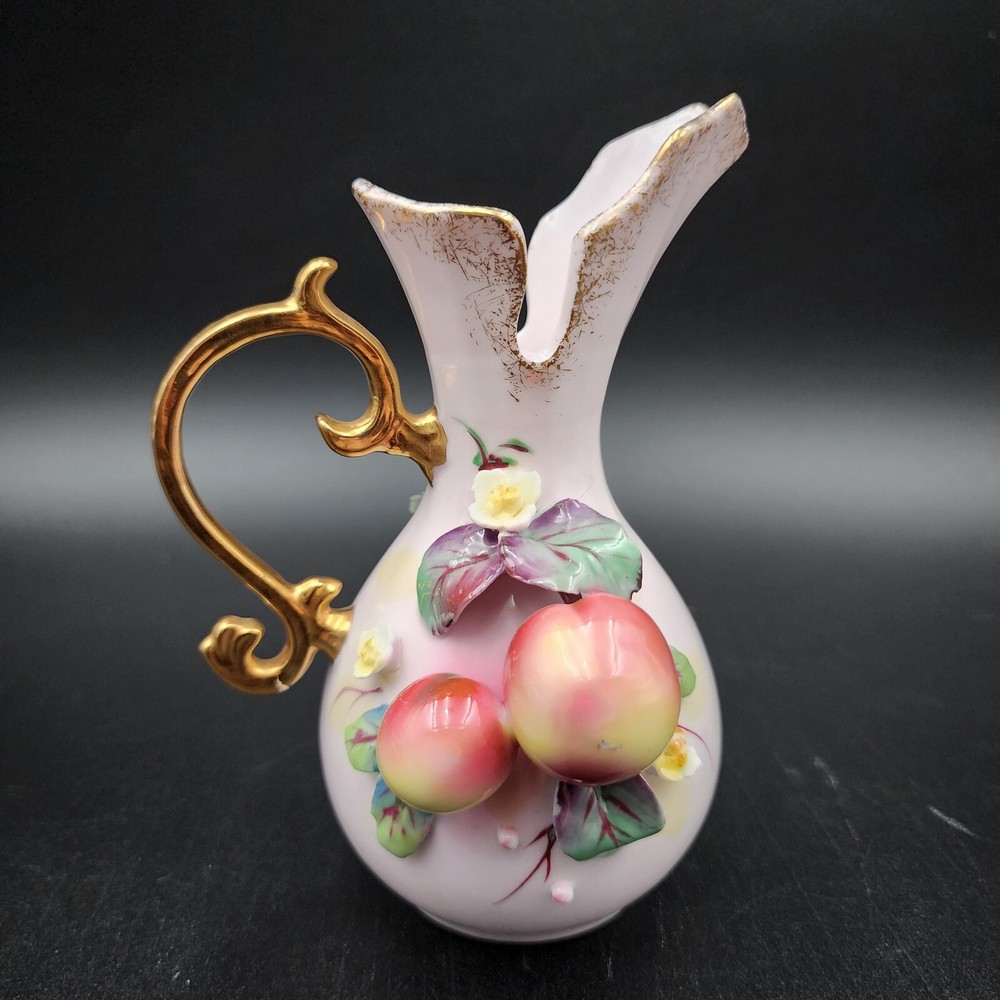 Lefton Pitcher Ewer Porcelain Hand Painted Figurine Peaches Gold Gilded Vintage