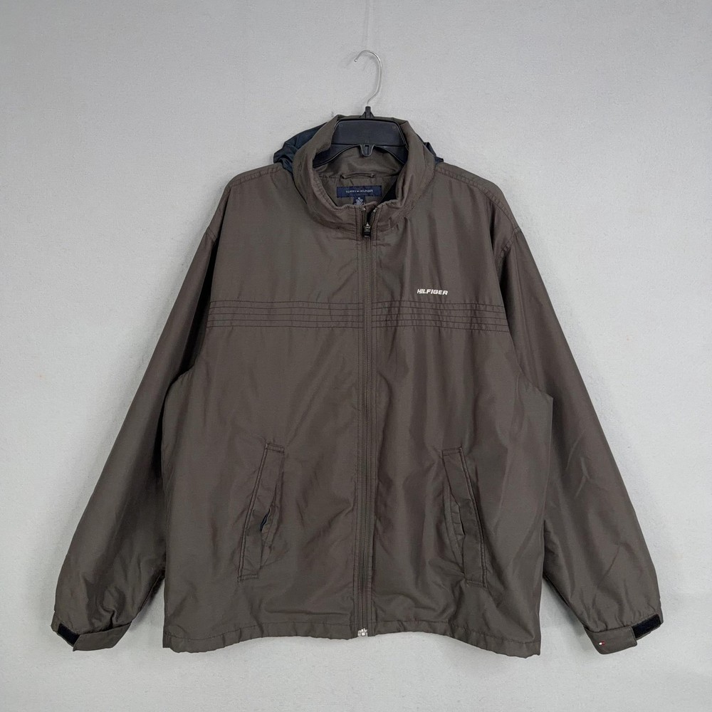 Tommy Hilfiger Jacket Mens XL Brown Hooded Windbreaker Lined Lightweight Logo