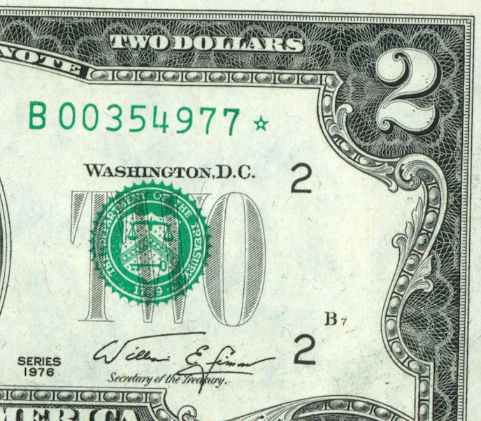 (( STAR - 6 DIGIT )) $2 1976 (CHOICE CU) Federal Reserve Note (2nd of 2 conse.)