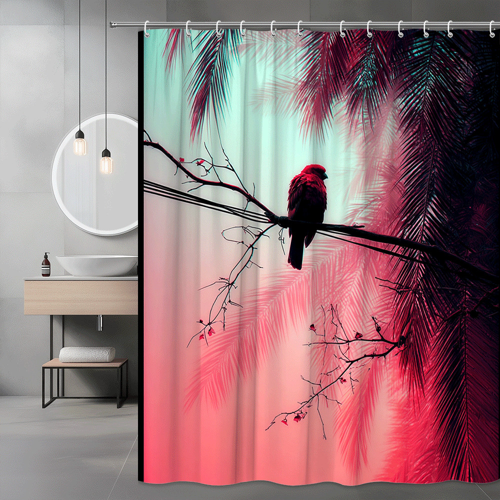 Bird Palm Tree Shower Curtain Tropical Pink Black Print