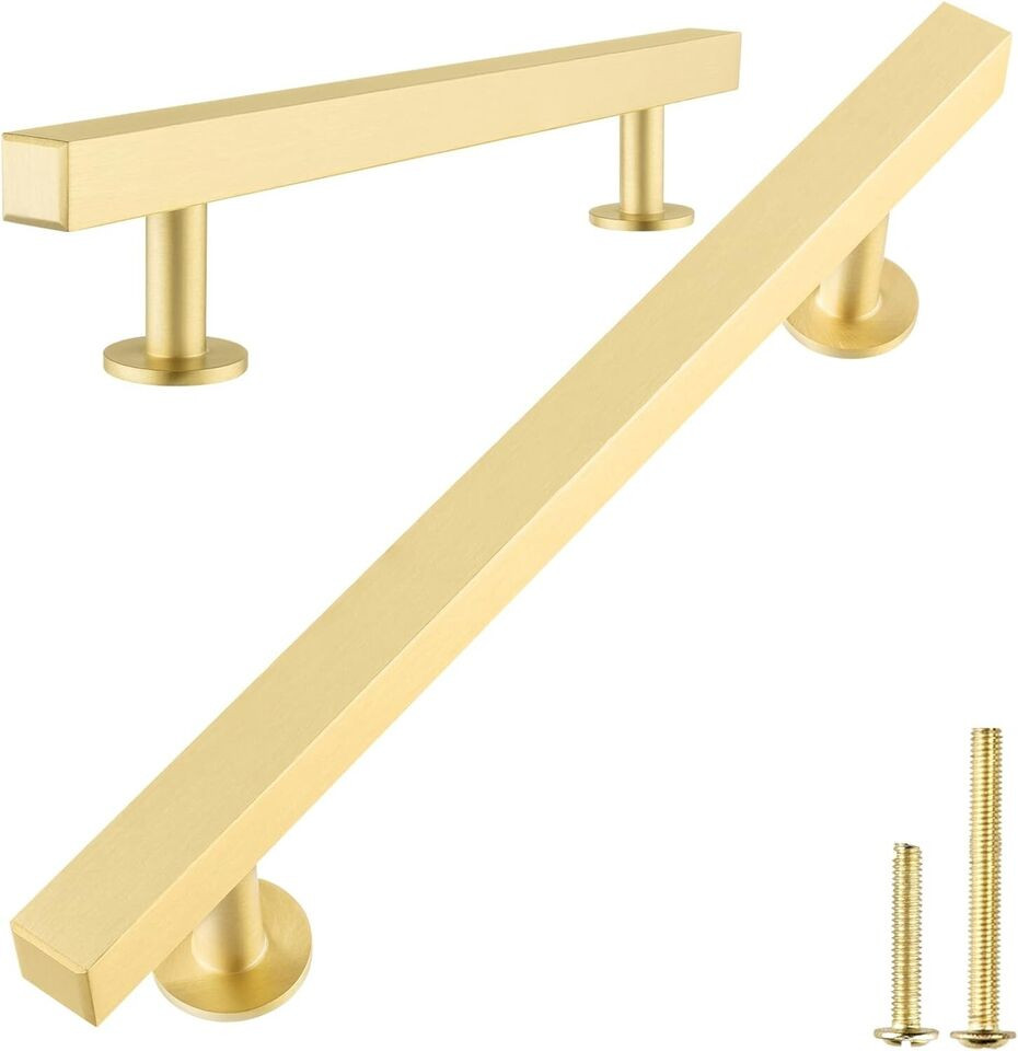 QOGRISUN 5-Pack Solid Brass Cabinet Handles, Gold Square T Bar Cabinet Pulls 5