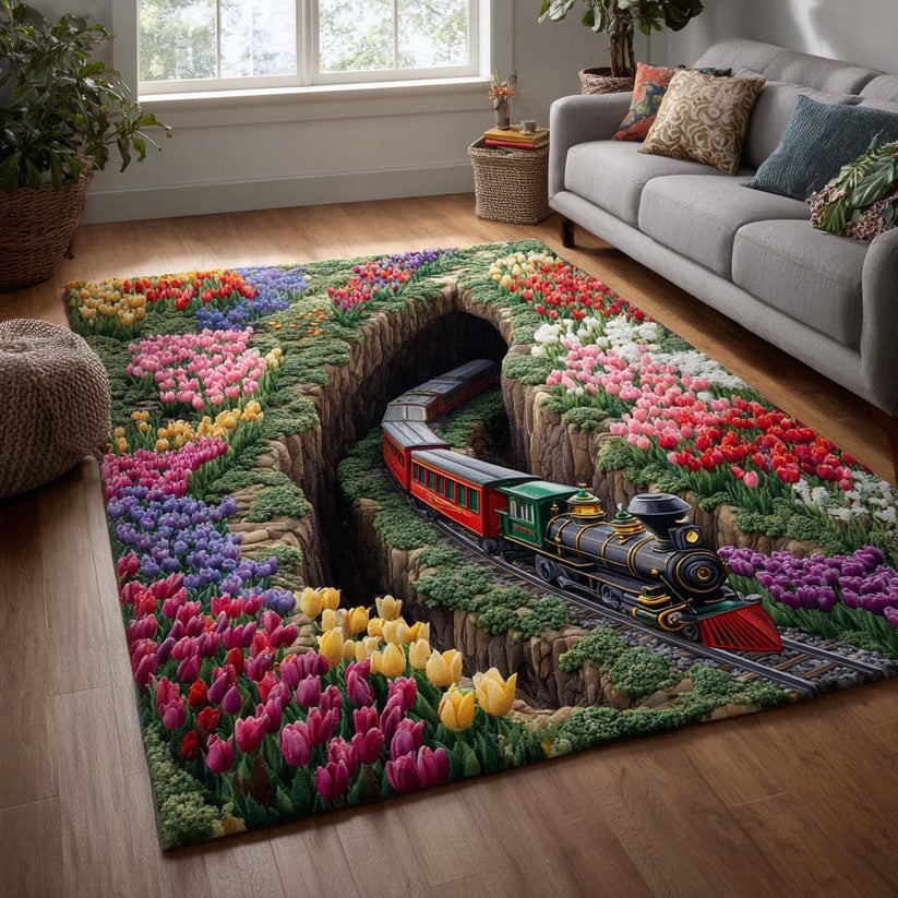 3D Train Tunnel Flower Area Rug Illusion Floor Mat Living Room Home Decor Rug