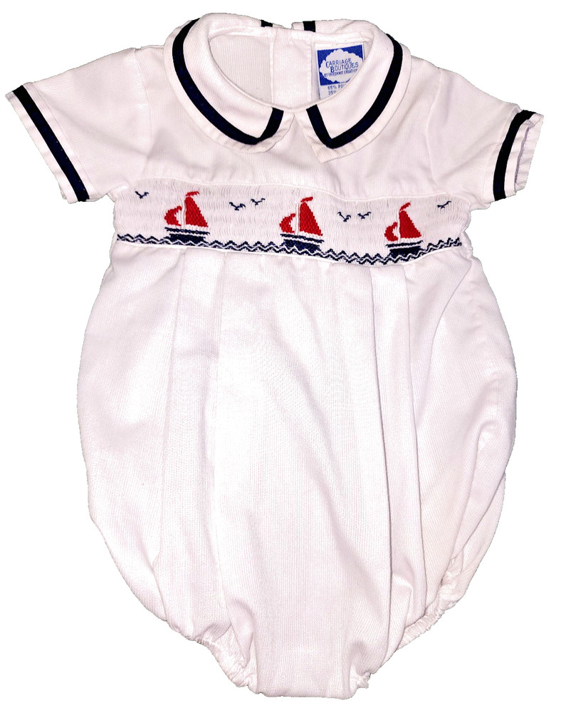 Carriage Boutique 9MO White bubble romper with smocking. Embroidered Sailboats