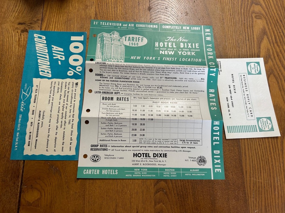 Vintage 1960 Hotel Dixie Tariff Sheet NYC New York City NY