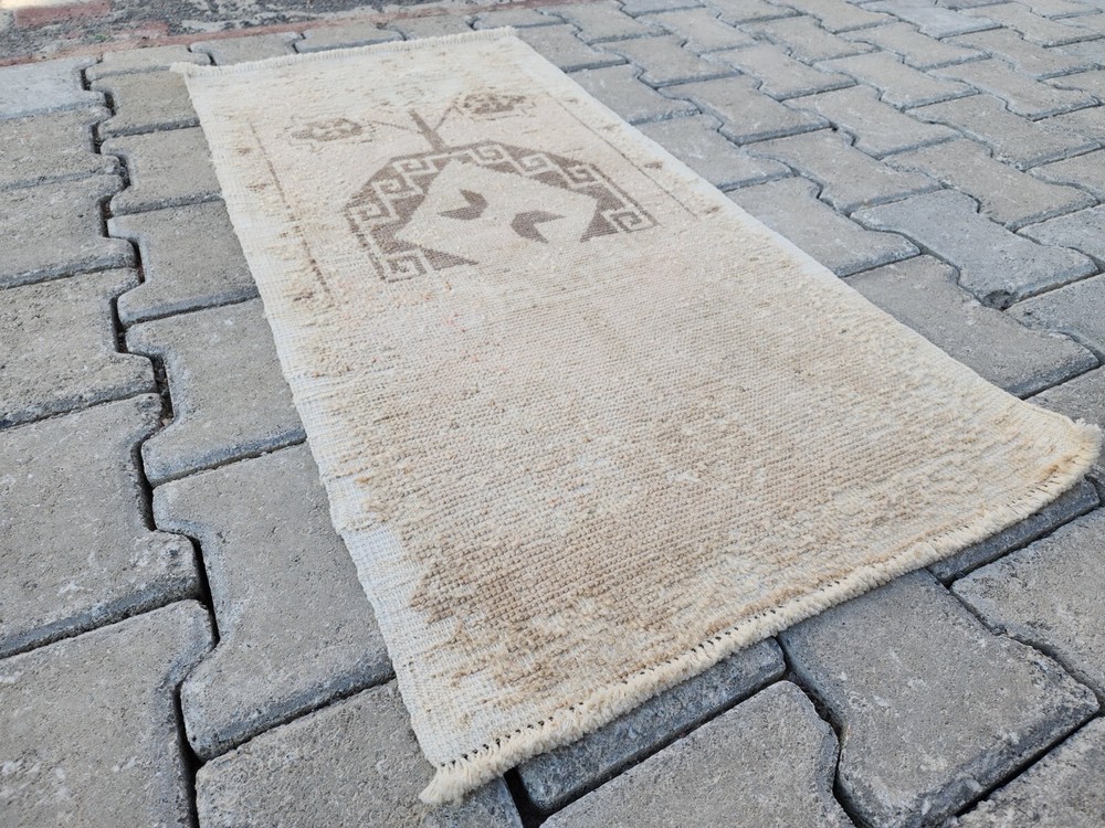 Minimal Turkish Rug 1.6x3.4 ft Cream Brown Faded Tribal Wool