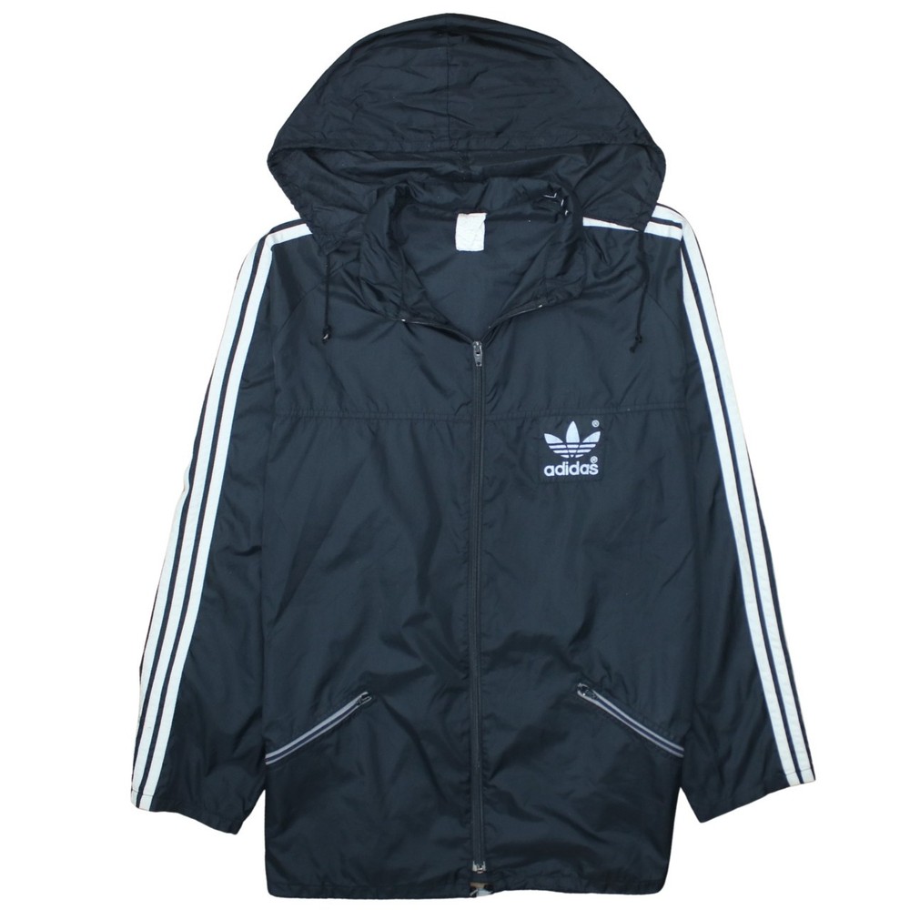 Adidas Mens Windbreaker Jacket Black Hooded Trefoil Three Stripe Track Top XL