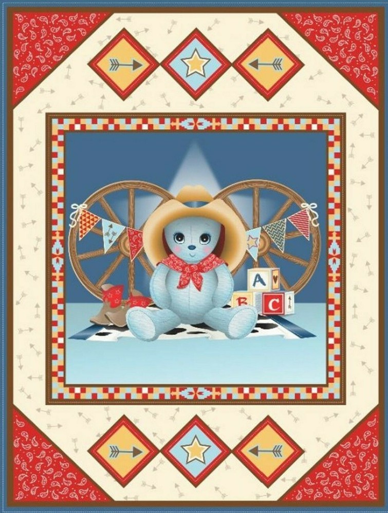 Teddy Bear Cowboy baby Wall hanging Quilt top Panel Fabric 100% cotton
