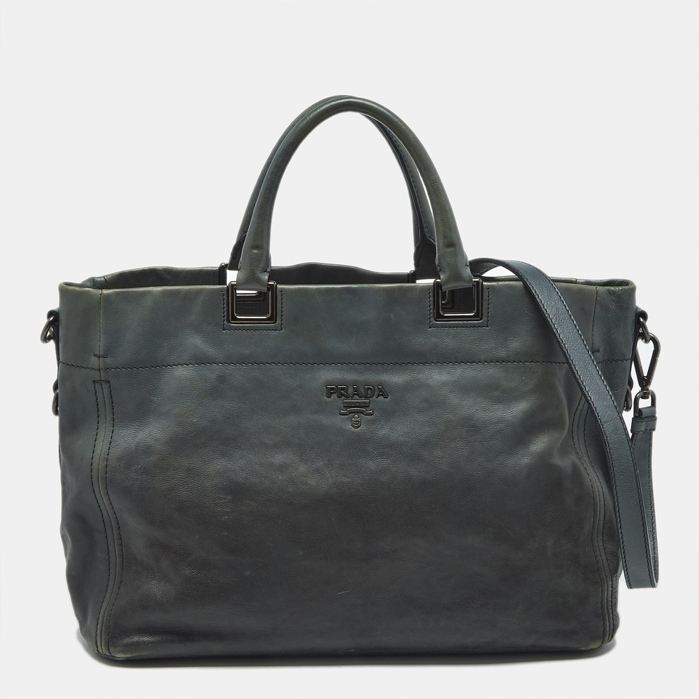 Prada Ombre Teal Leather Snap Closure Shoulder Tote Bag