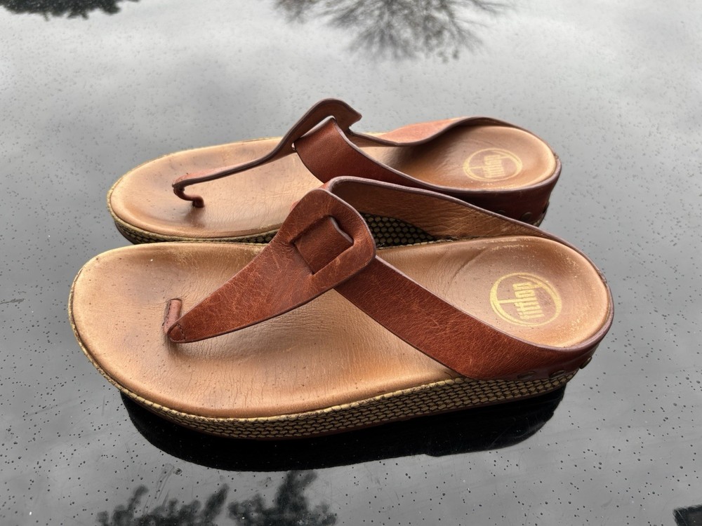 Fitflop Leather Sandals Fit Flops Womens 9 Brown Leather Platform Wedge Beach