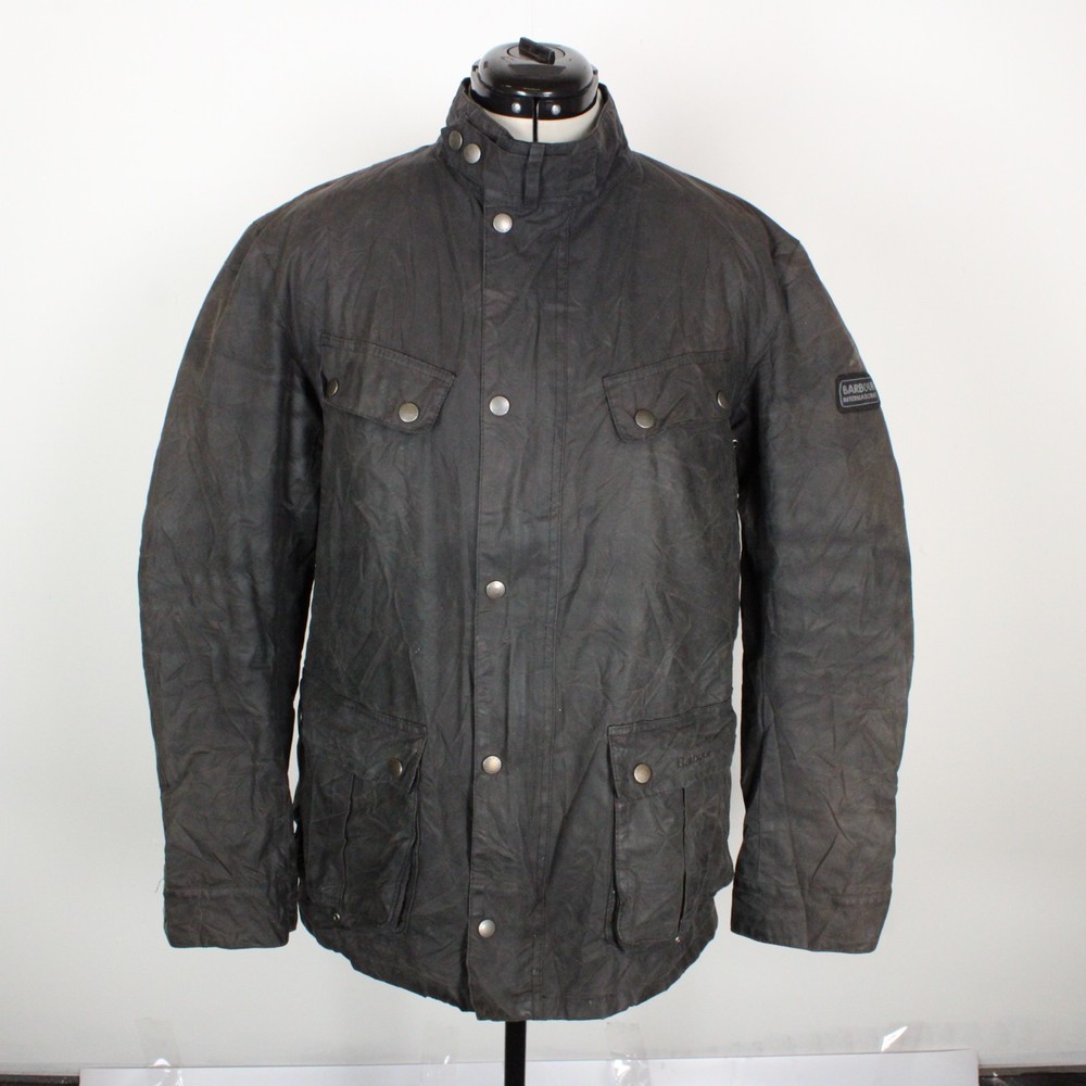 Barbour International Duke Wax Jacket Mens L Faded Black Grey Biker 2018 Quilted