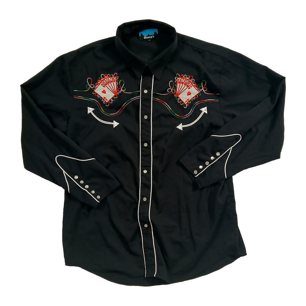 Benny's Las Vegas Poker Western Shirt Men L Black Pearl Snap Cards Embroidered