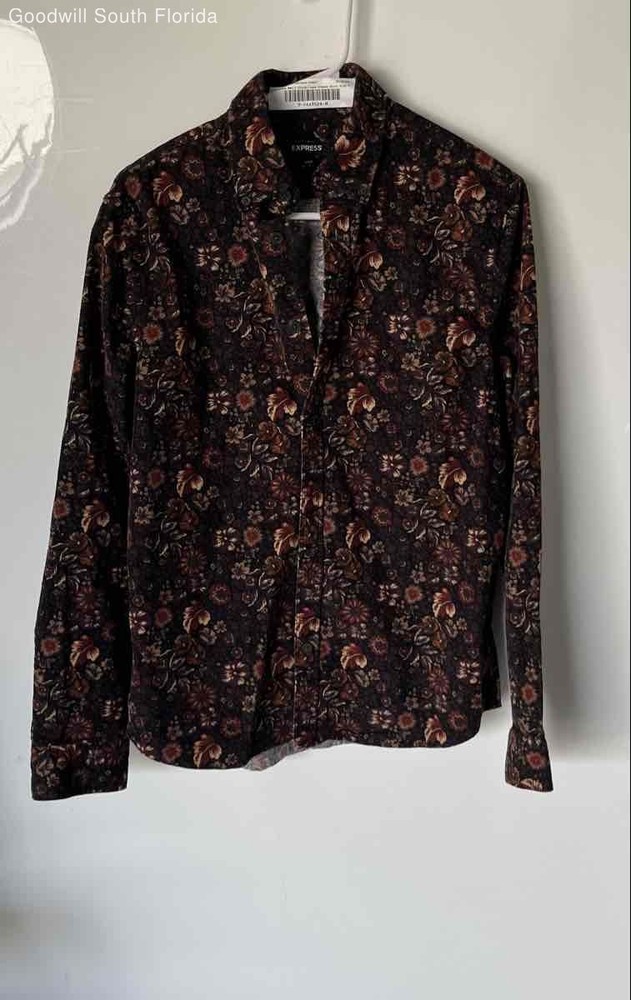 Express Mens Red Floral Print Long Sleeve Collared Button-Up Shirt Size Small