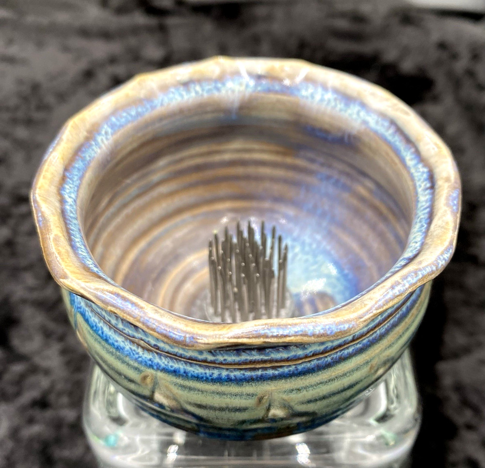Studio Pottery Ikebana Mini-Vase w/Flower Frog, Signed, Blues/Green/Browns Glaze