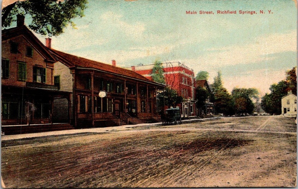 Main Street Richfield Springs NY 1915 Postcard Litho-Chrome The American News