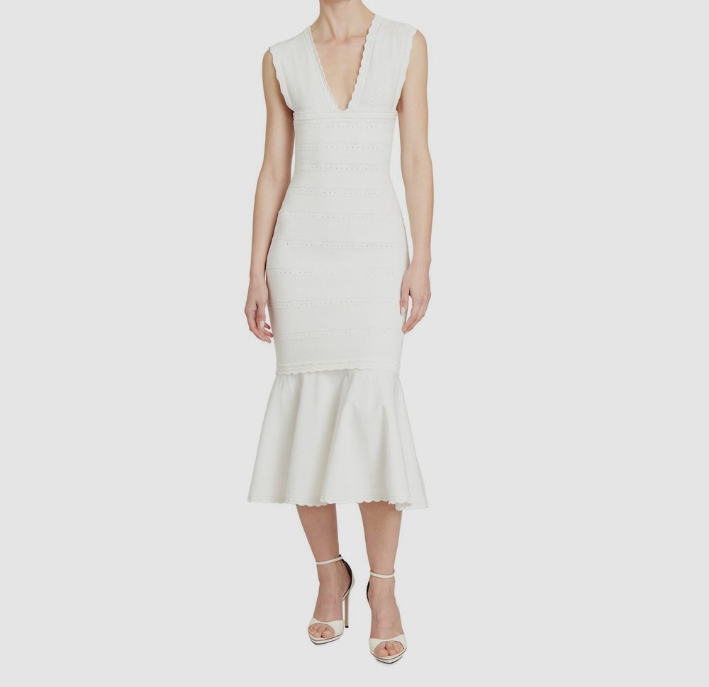 $750 Victoria Beckham Women's White Sleeveless V-Neck Midi A-Line Dress UK L