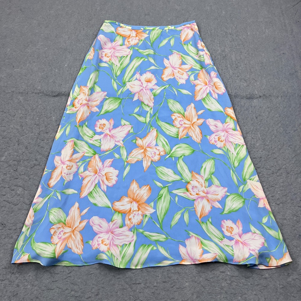 Ralph Lauren Skirt Women's 6P Petite Blue Floral 100% Silk Spring Midi