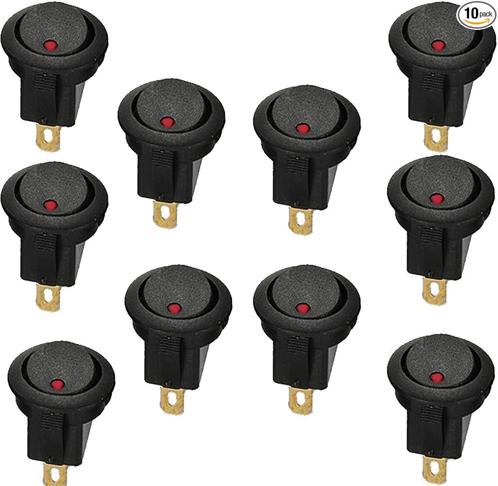 12V 16A SPST 3-Pin On-Off Rocker Toggle Switch with Red LED, 19mm Round Dot, Pac