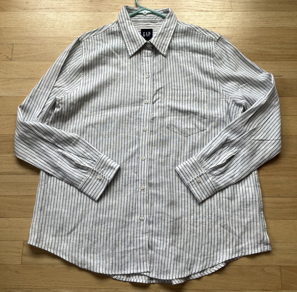 NWT Gap Women's Long Sleeve Button Up Linen Flowy Top Size Large Blue/White