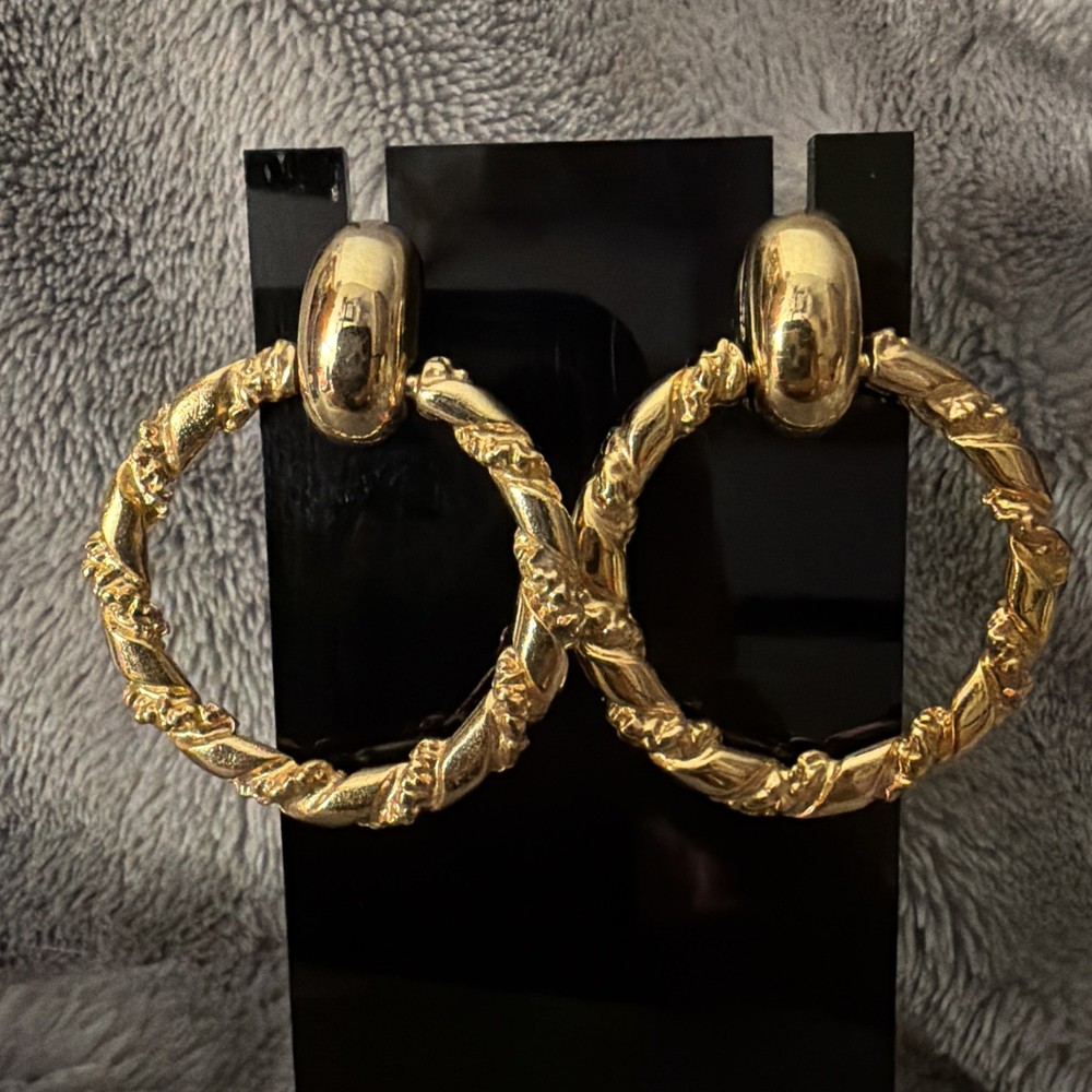 Vintage 1980-90s Gold Tone Door Knocker Twisted Braid Pierced Earrings