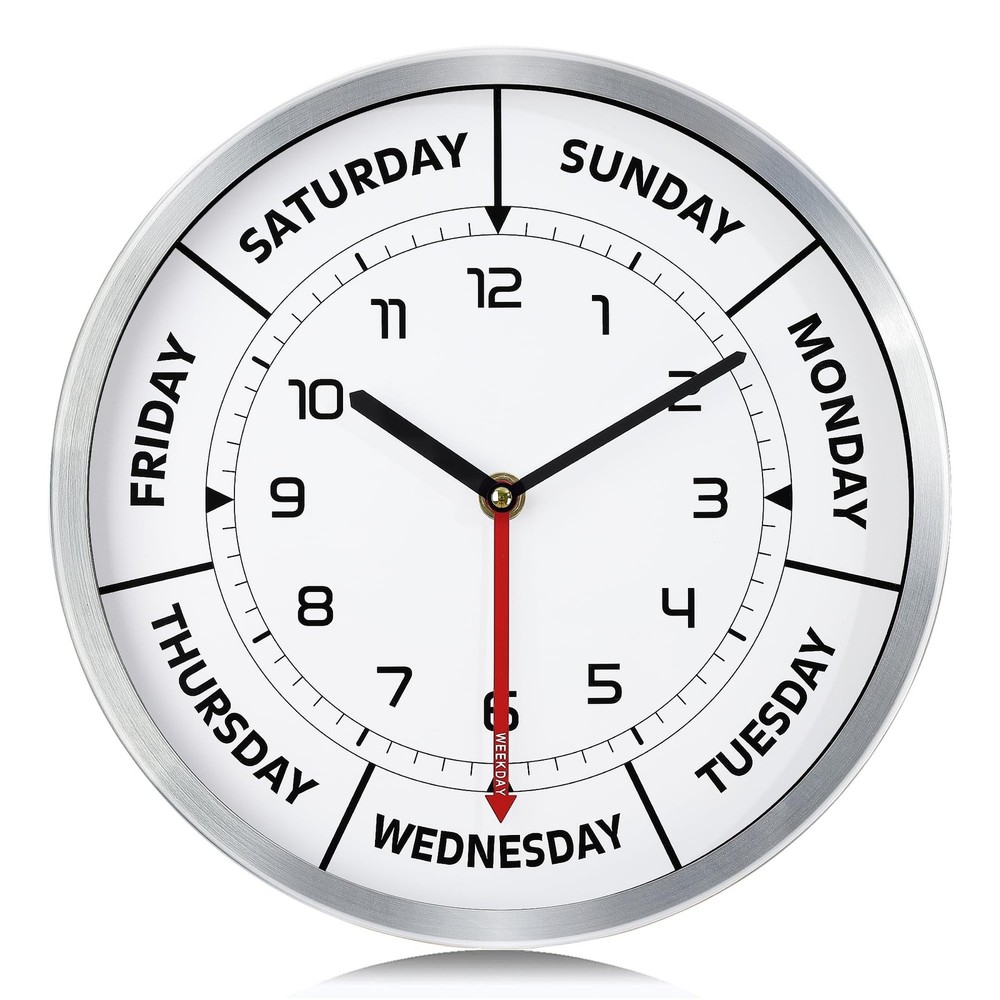 Lafocuse Silent Day of The Week Clocks with Silver Metal Frame, Retirement Cl...