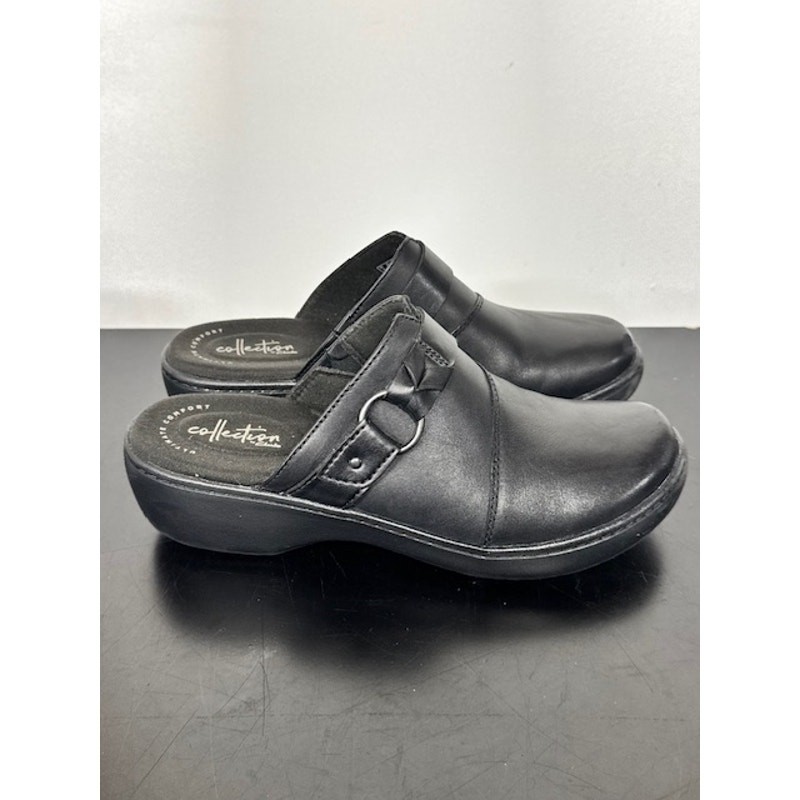 Clarks Delana Womens 7.5 Shoes Clogs Mules Black Leather Comfort Work Classic