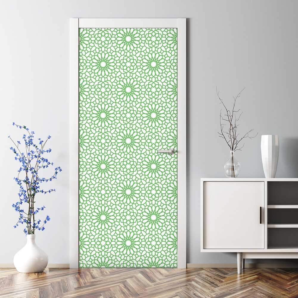 Vibrant oriental floral green geometric peel-and-stick door decal  