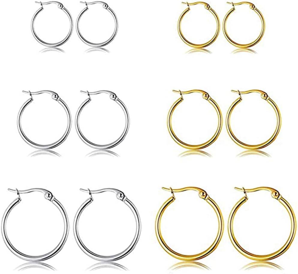 5-10 Pairs Small Gold Silver Hoop Earrings for Women, Stainless Steel Earrings S