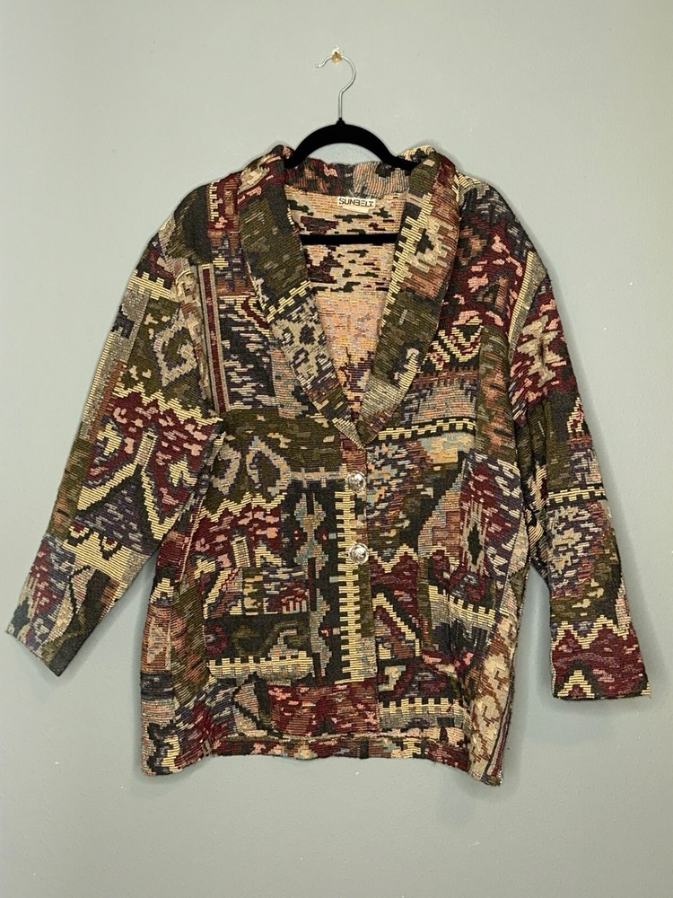 VTG Sunbelt 1980s Tapestry Jacket Women's XL Southwestern Tribal Aztec Boho