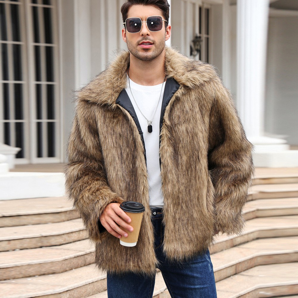 Men's Faux Fur Lapel Winter Parka Coat Warm Short Jacket Sizes