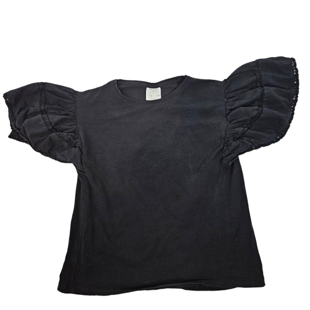 Zara Black Eyelet Ruffle Sleeve Poplin Top Tee-Shirt Size 9 Girl's i82