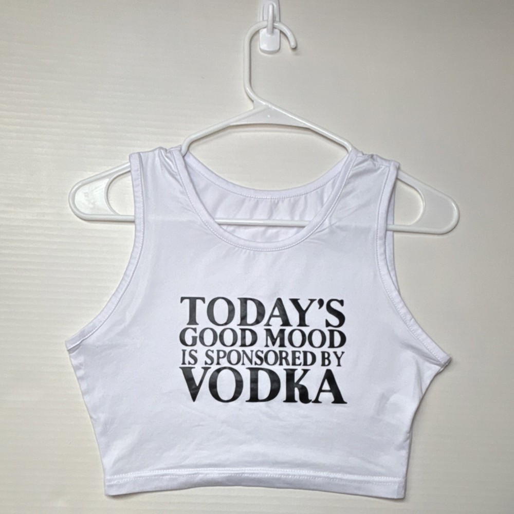 Women's White Cropped Sleeveless Crew Neck Tank Top Funny Graphic Print S