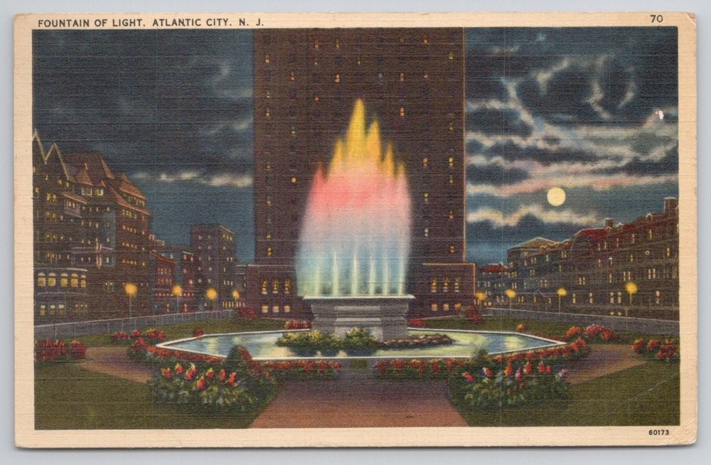 Vintage 1942 Atlantic City NJ Fountain of Light Linen Postcard Tichnor Bros