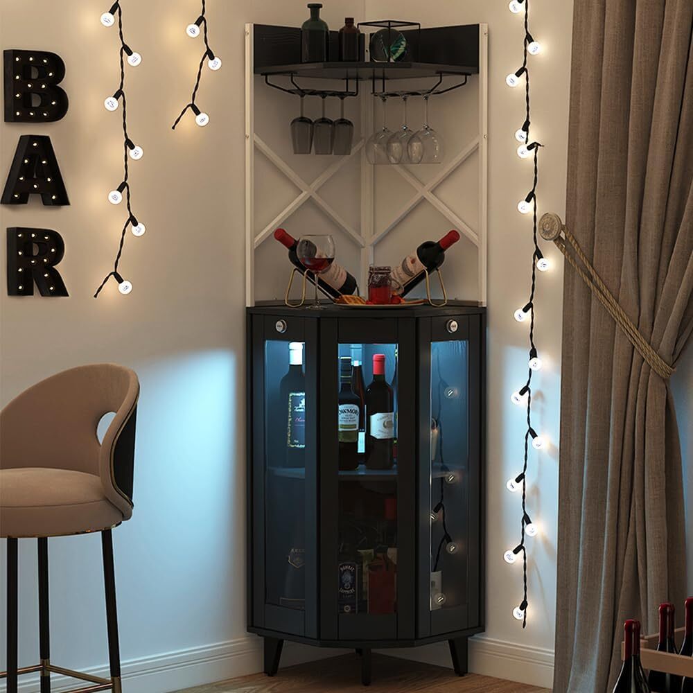 Lockable Corner Wine Cabinet with Glass Door - 15x15x60 Inches