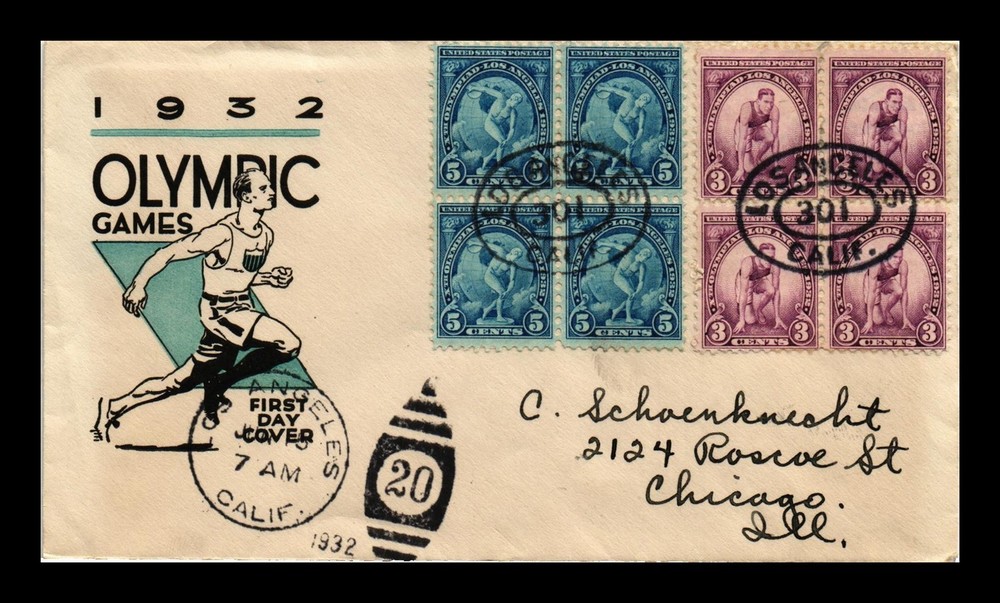 Dr Jim Stamps Us Cover Olympics Los Angeles Fdc Block Combo Scott 718 719